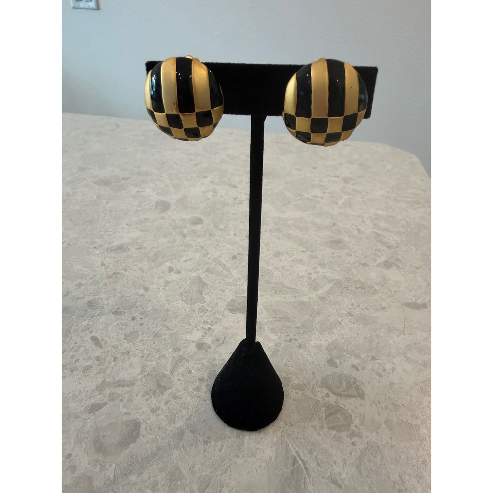 Vintage Black and Gold Checkered Striped Round Clip On Button Earrings